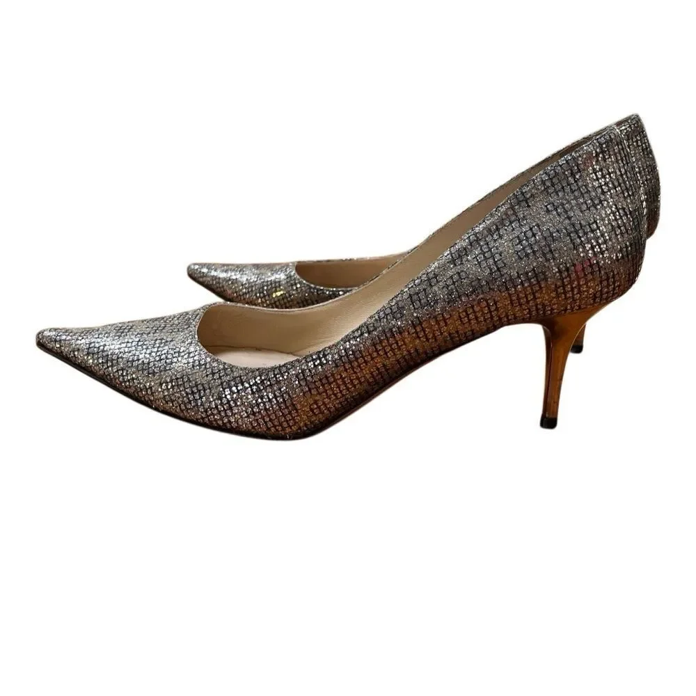 Jimmy Choo Leopard Glitter Pointed Toe Gold Heels Pumps Italy Made 39 1/2 9.5